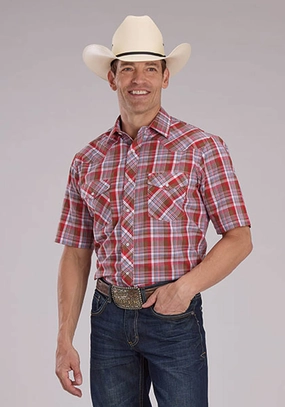 Stretchable Material Roper Mens 2487 Western Plaid Brown/Red Cotton Blend S/S Shirt