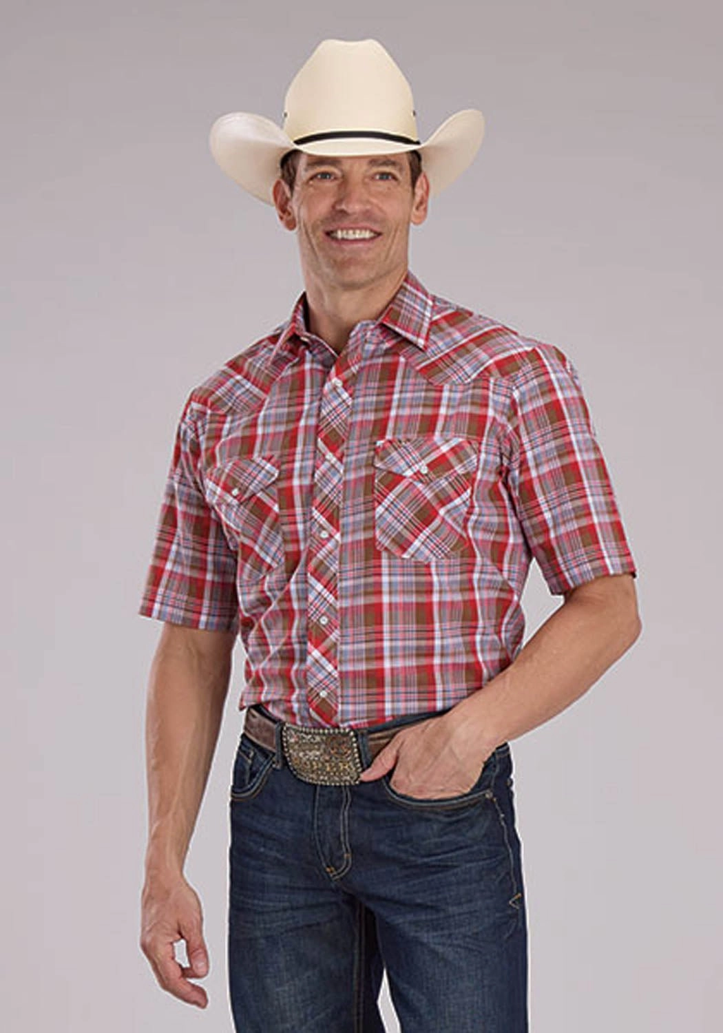 Stretchable Material Roper Mens 2487 Western Plaid Brown/Red Cotton Blend S/S Shirt