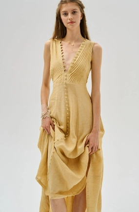 Rebecca 18 | Pleated Maxi Linen Dress Midweight Feel HighDensity Knit