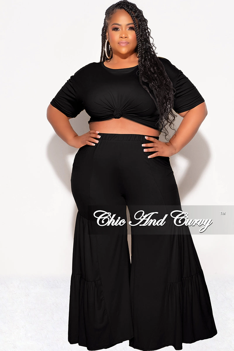 Odor Resistant Final Sale Plus Size 2pc Crop Tie Top and 3-Layer Pants Set in Black