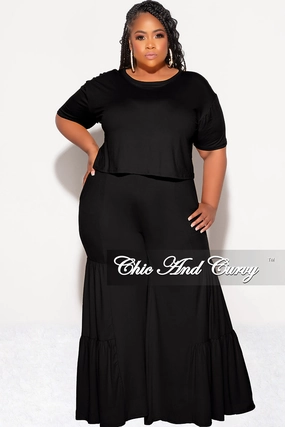 Final Sale Plus Size 2pc Crop Tie Top and 3-Layer Pants Set in Black Adjustable drawstring Recycled Polyester