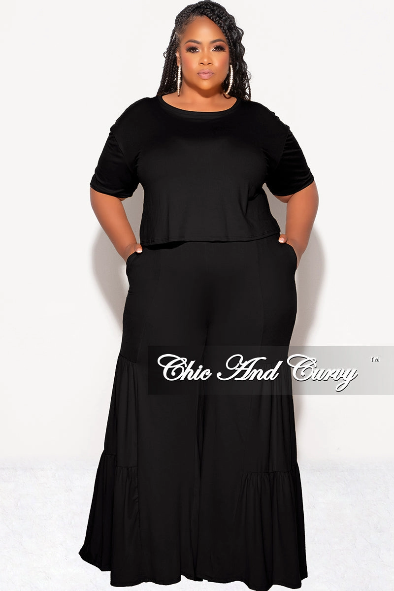Final Sale Plus Size 2pc Crop Tie Top and 3-Layer Pants Set in Black Form Fitting