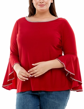 Plus Size Long Bell Sleeve Top With Stone Details Organic Cotton Blend