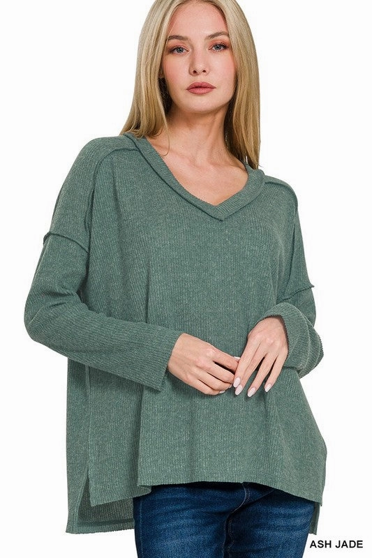 AdjustableClosure Minimalist Styling Bettie Brushed Ribbed Hacci Drop Shoulder V-neck Sweater S-XL