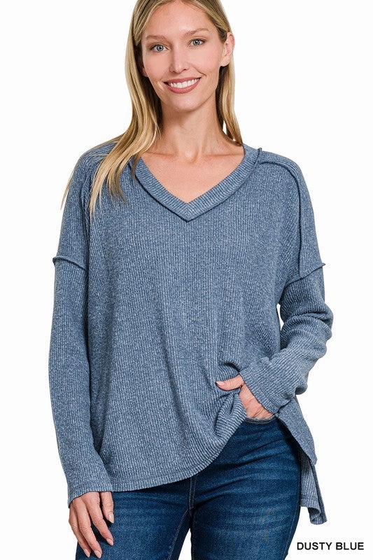 Bettie Brushed Ribbed Hacci Drop Shoulder V-neck Sweater S-XL FullCut Shoulder Quick Dry Material