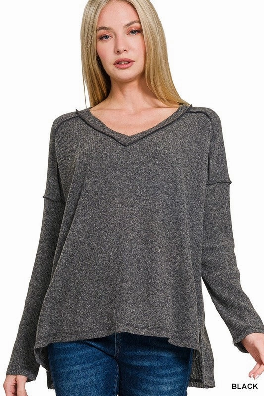 Airy Mesh Lining Ventilated Mesh Panels Bettie Brushed Ribbed Hacci Drop Shoulder V-neck Sweater S-XL