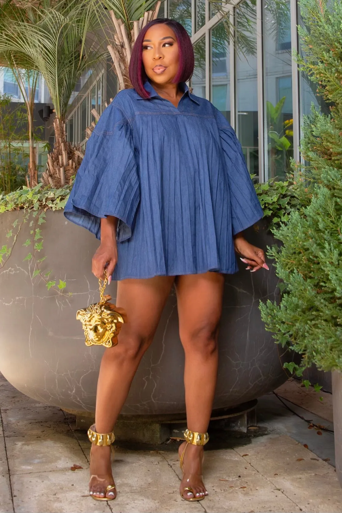 Demetria Pleated Oversized Mini Dress Sustainable Road Trip