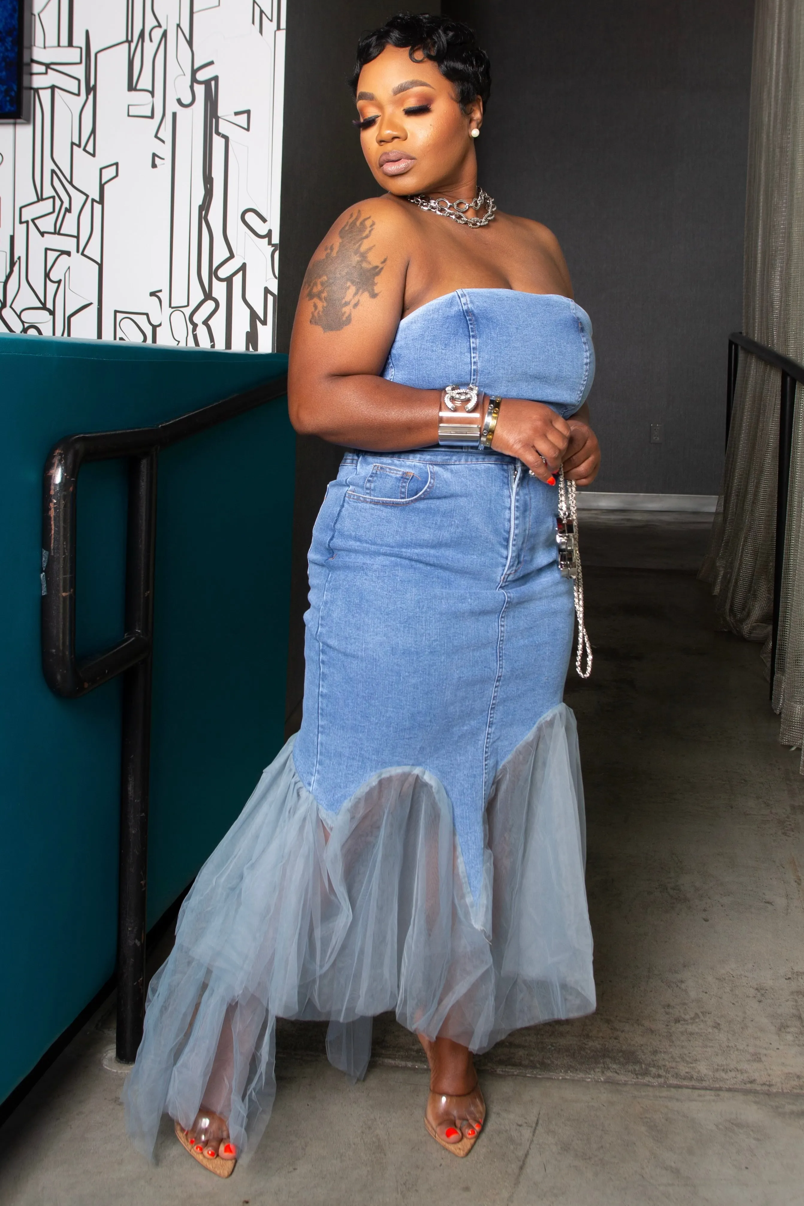 Dolly Denim Dreams Tulle Trim Skirt Set Layered Knee Panels