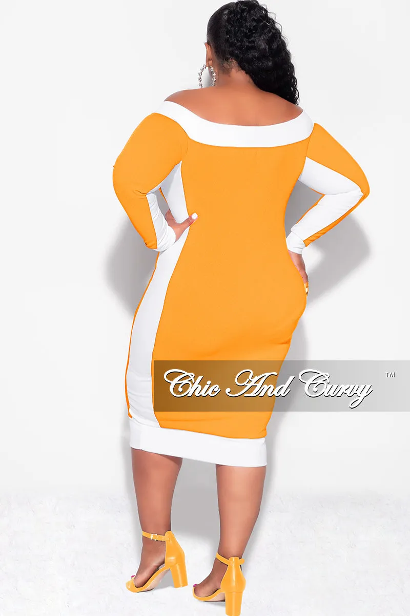 Street Ready NonIrritatingStitching Final Sale Plus Size Off the Shoulder BodyCon Dress in Mustard with White Trim
