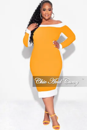Final Sale Plus Size Off the Shoulder BodyCon Dress in Mustard with White Trim All Day Use Non Slip Waistband