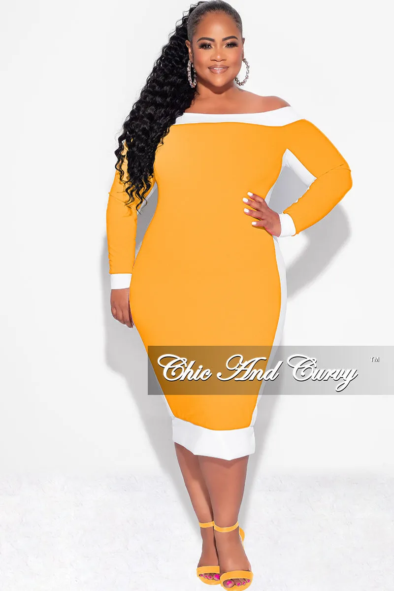 Chill Comfort Wear Convertible legs Final Sale Plus Size Off the Shoulder BodyCon Dress in Mustard with White Trim
