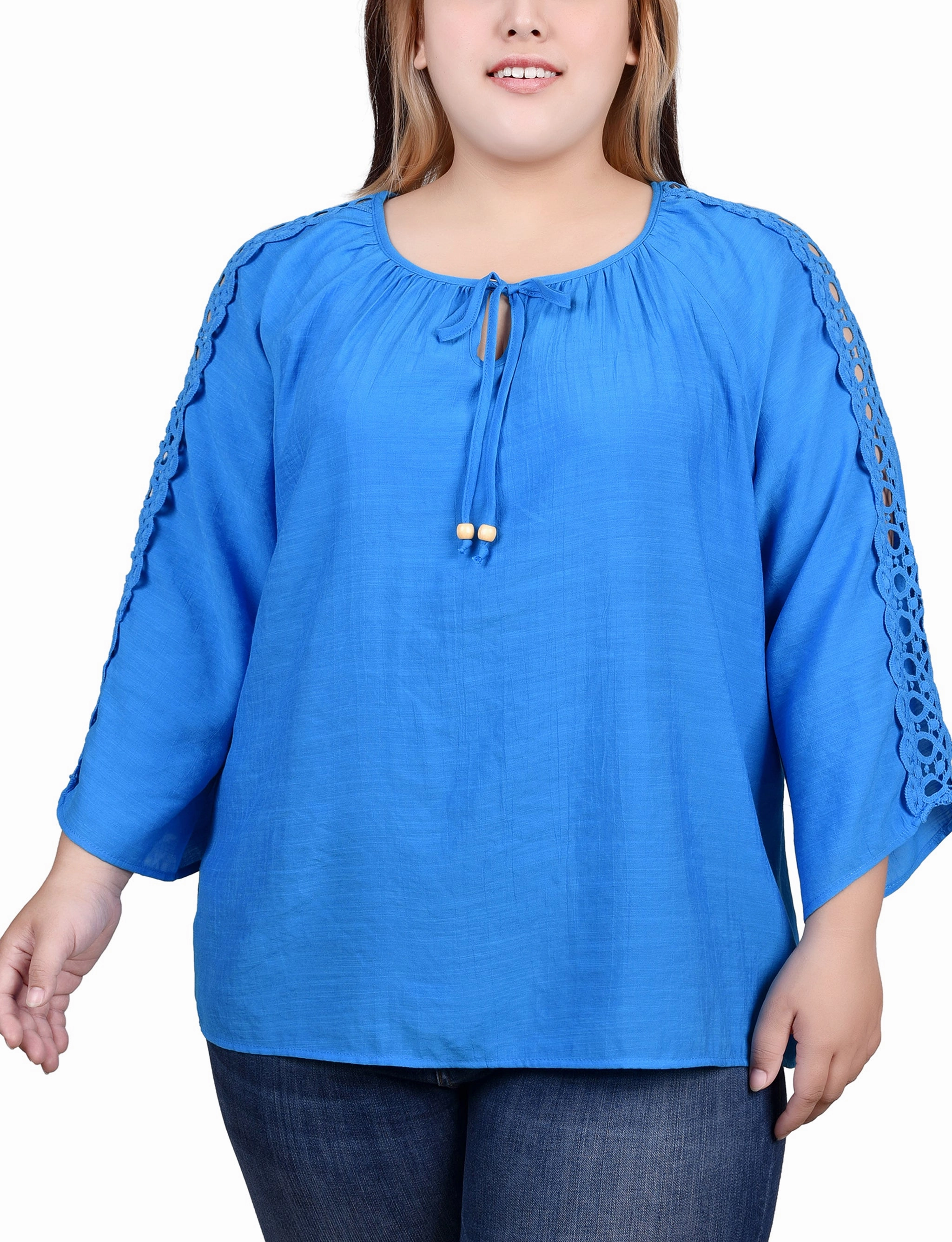 Noise Reduced Zipper Quick Release Fastener Plus Size 3/4 Sleeve Crochet Detail Blouse