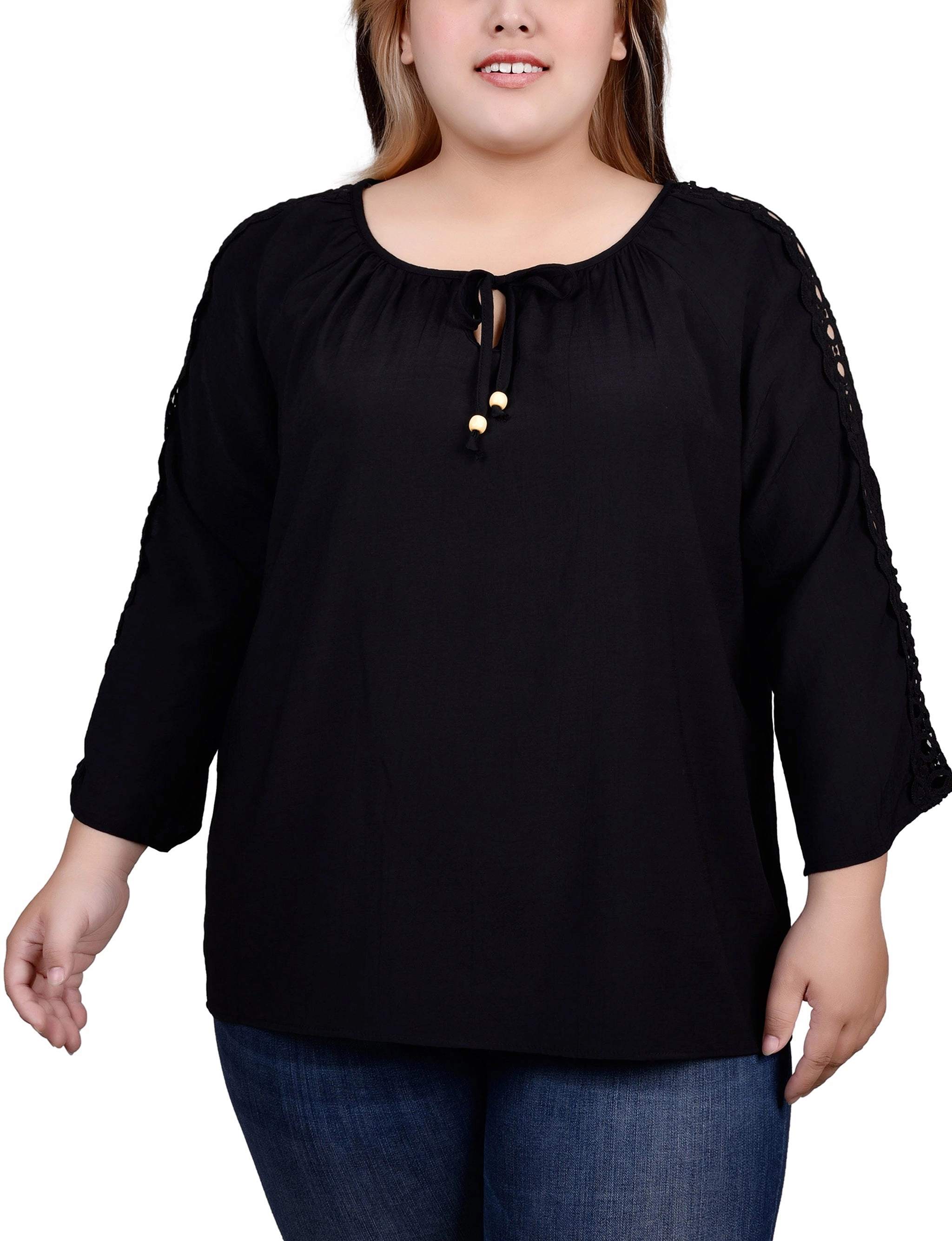 Laser Cut Edges Stretch Fit Engineering Plus Size 3/4 Sleeve Crochet Detail Blouse