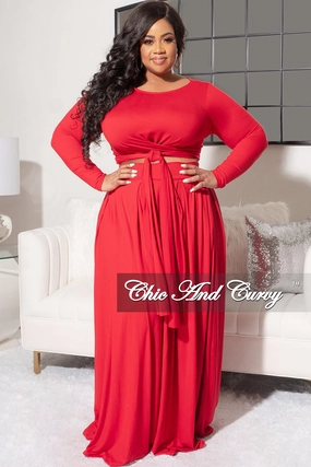 Soft Performance Final Sale Size 2pc Long Sleeve Tie Top Maxi Skirt Set in Red by