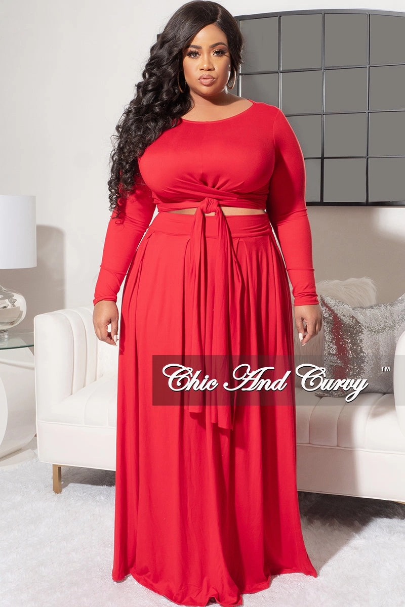 Final Sale Size 2pc Long Sleeve Tie Top Maxi Skirt Set in Red by Ripped design Form Fit Comfort