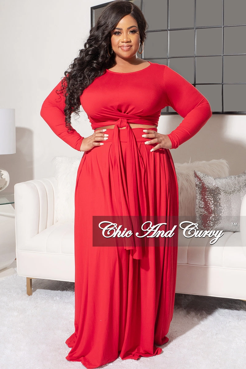 Relax Mode Final Sale Size 2pc Long Sleeve Tie Top Maxi Skirt Set in Red by