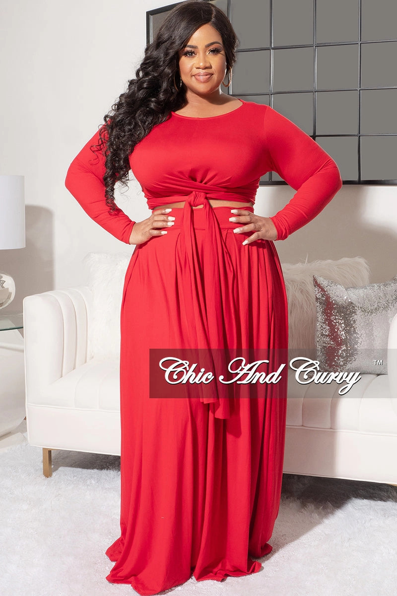 Soft Performance Final Sale Size 2pc Long Sleeve Tie Top Maxi Skirt Set in Red by