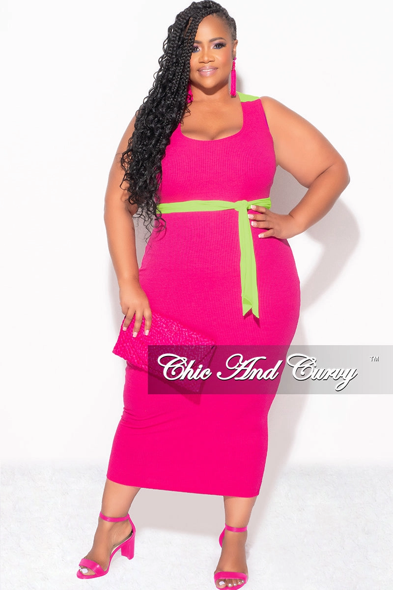 Final Sale Plus Sleeveless Ribbed Midi BodyCon Dress with Criss Cross Back in Fuchsia and Neon Green Weekend Style