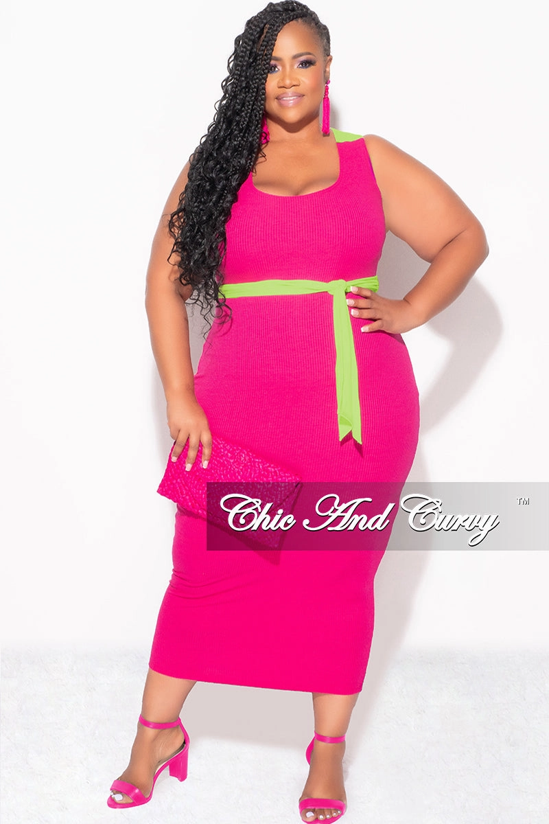 Classic Comfort Flex Wear Final Sale Plus Sleeveless Ribbed Midi BodyCon Dress with Criss Cross Back in Fuchsia and Neon Green
