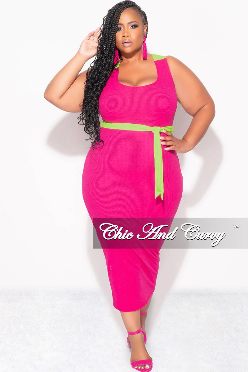 NoiseReducingFabric Final Sale Plus Sleeveless Ribbed Midi BodyCon Dress with Criss Cross Back in Fuchsia and Neon Green
