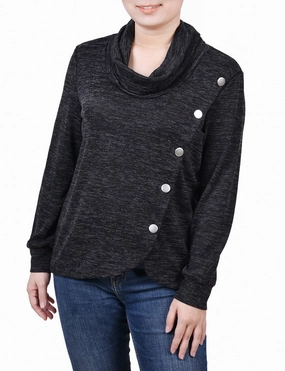 Long Sleeve Overlapping Cowl Neck Top Antimicrobial Treatment