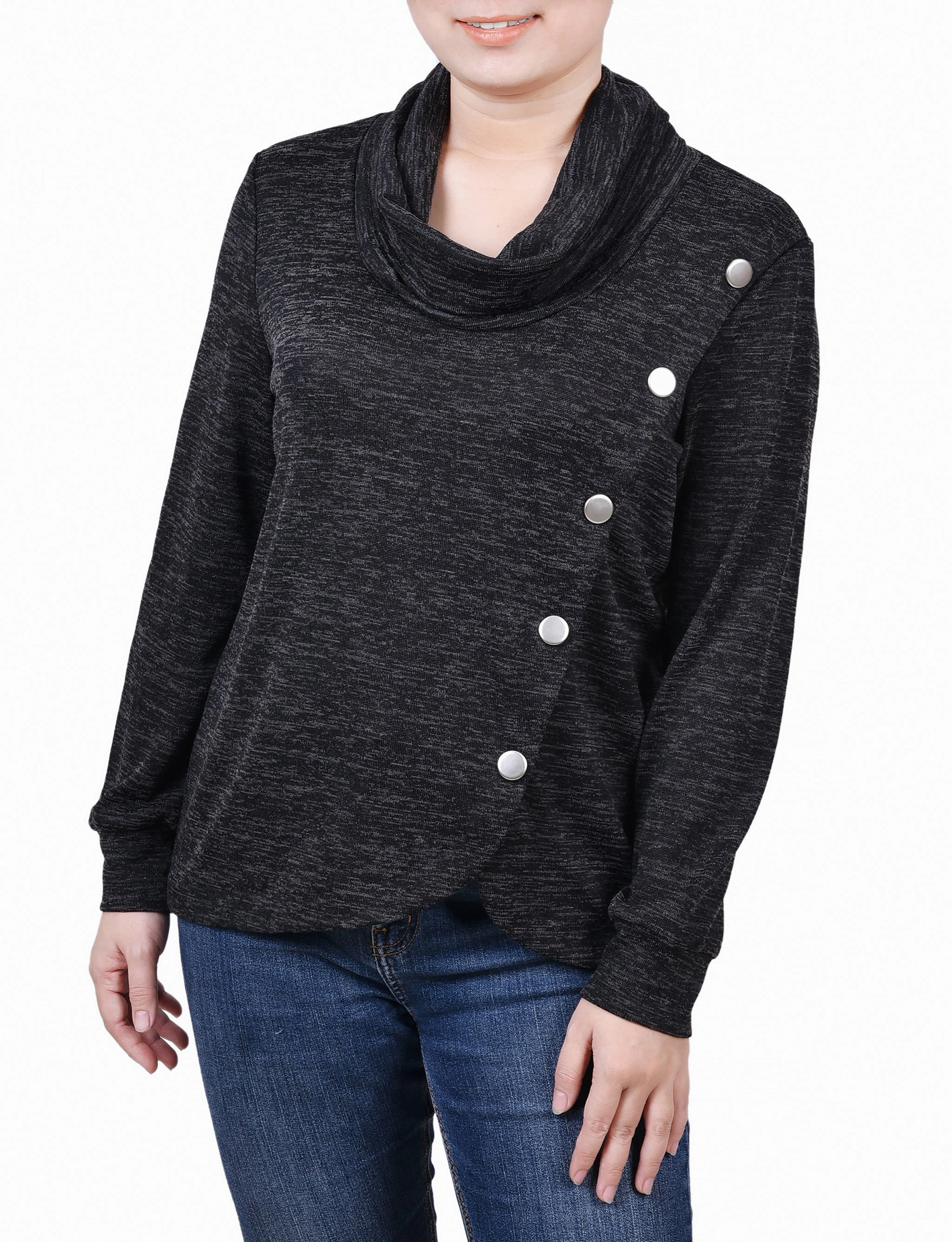 Long Sleeve Overlapping Cowl Neck Top Hidden Ventilation Zones