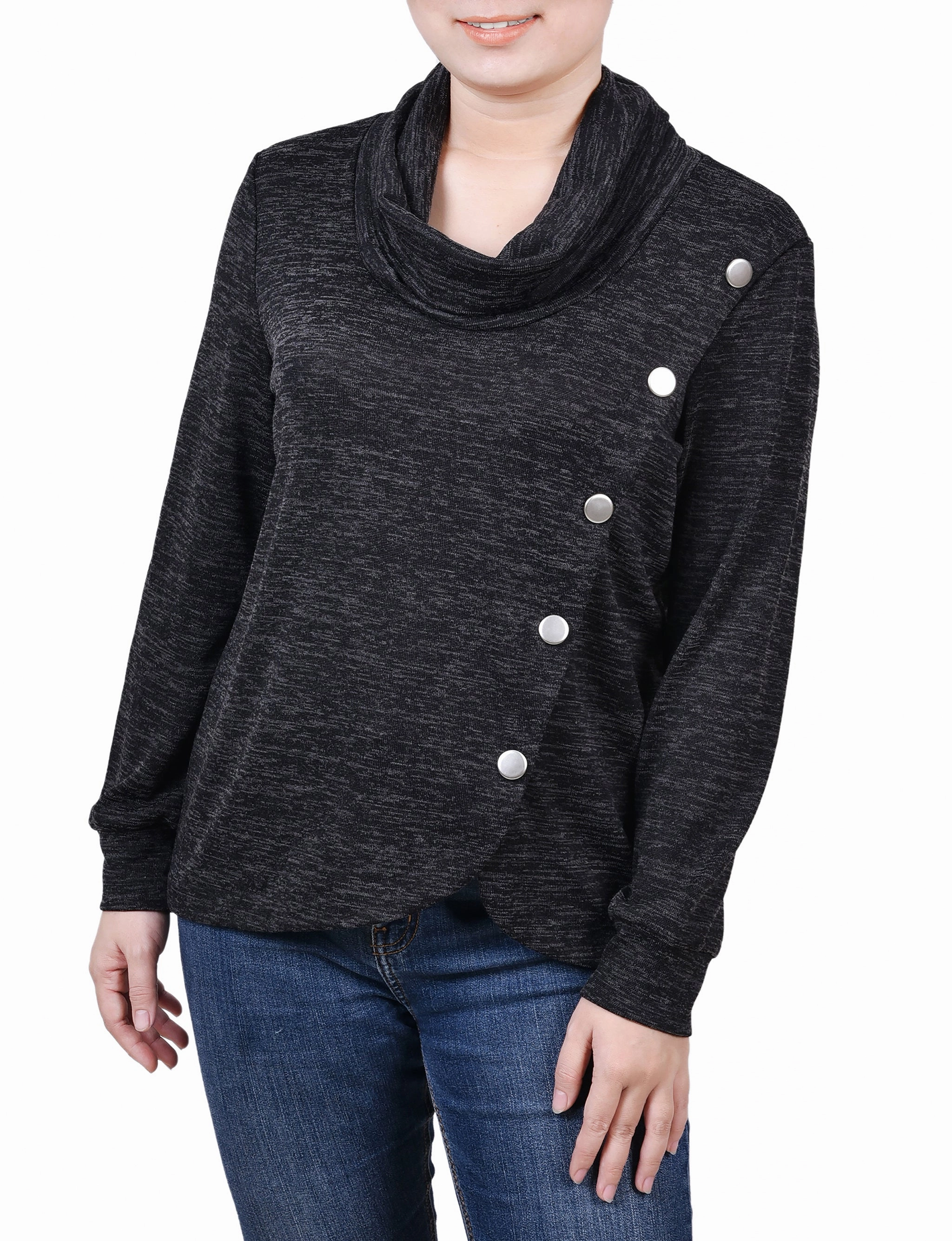 FlexibleRibbedTrims Long Sleeve Overlapping Cowl Neck Top