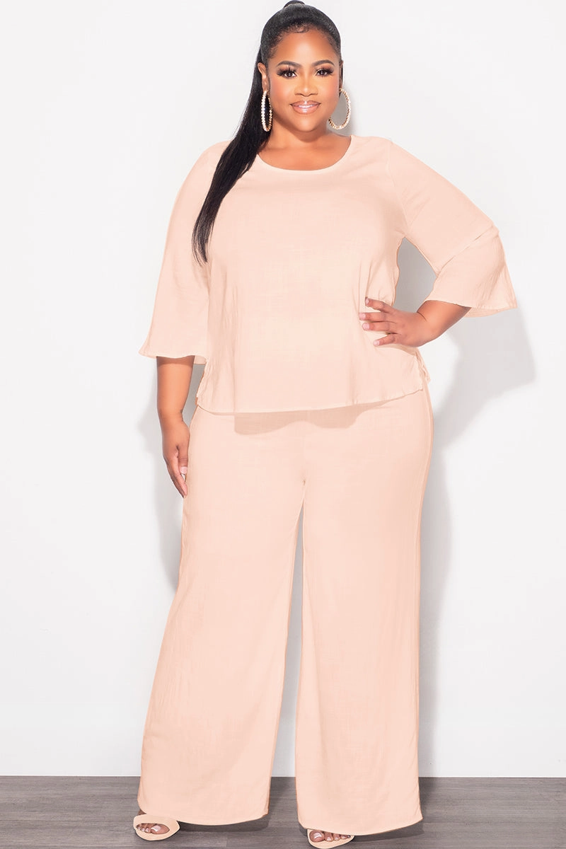 Final Sale Plus Size 2pc Top and Pants Set in Cappuccino Tan Linen Casual Comfort Fit Adaptable Style