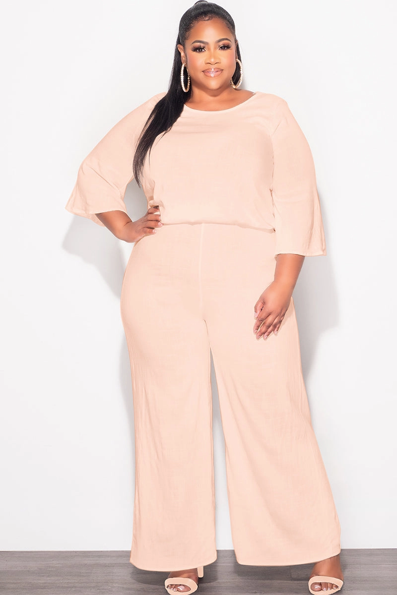 Seamless Waist Technology Final Sale Plus Size 2pc Top and Pants Set in Cappuccino Tan Linen