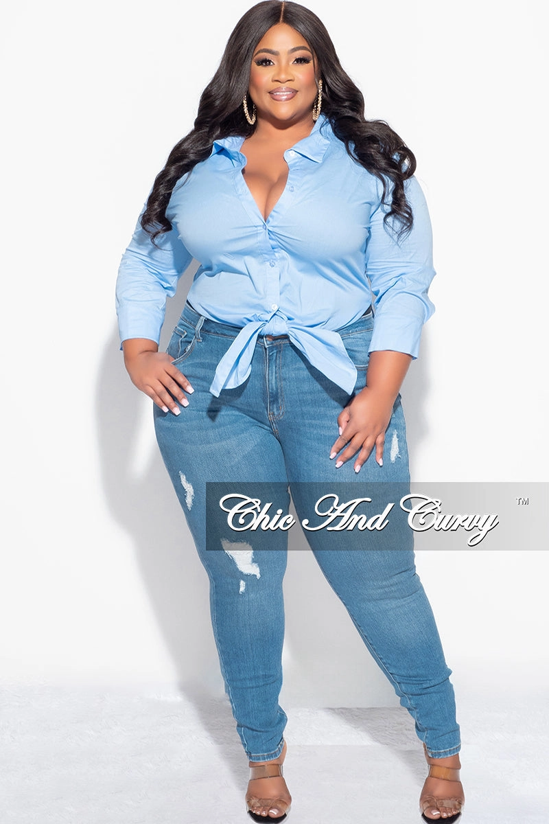 Final Sale Size Long Sleeve High-Low Button Up Collar Top in Powder Blue All Purpose Wear