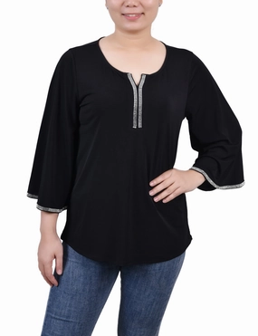 Petite 3/4 Bell Sleeve Top With Stones Recycled Polyester