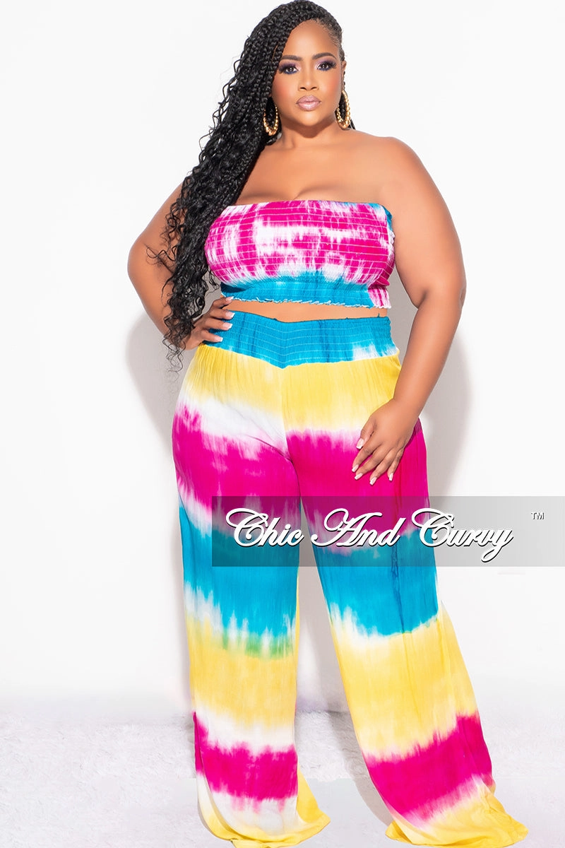 Flexible shape Anti Odor Technology Final Sale Plus Size 2pc Strapless Frill Crop Top and Palazzo Pants Set Multi-Color Tie Dye Print