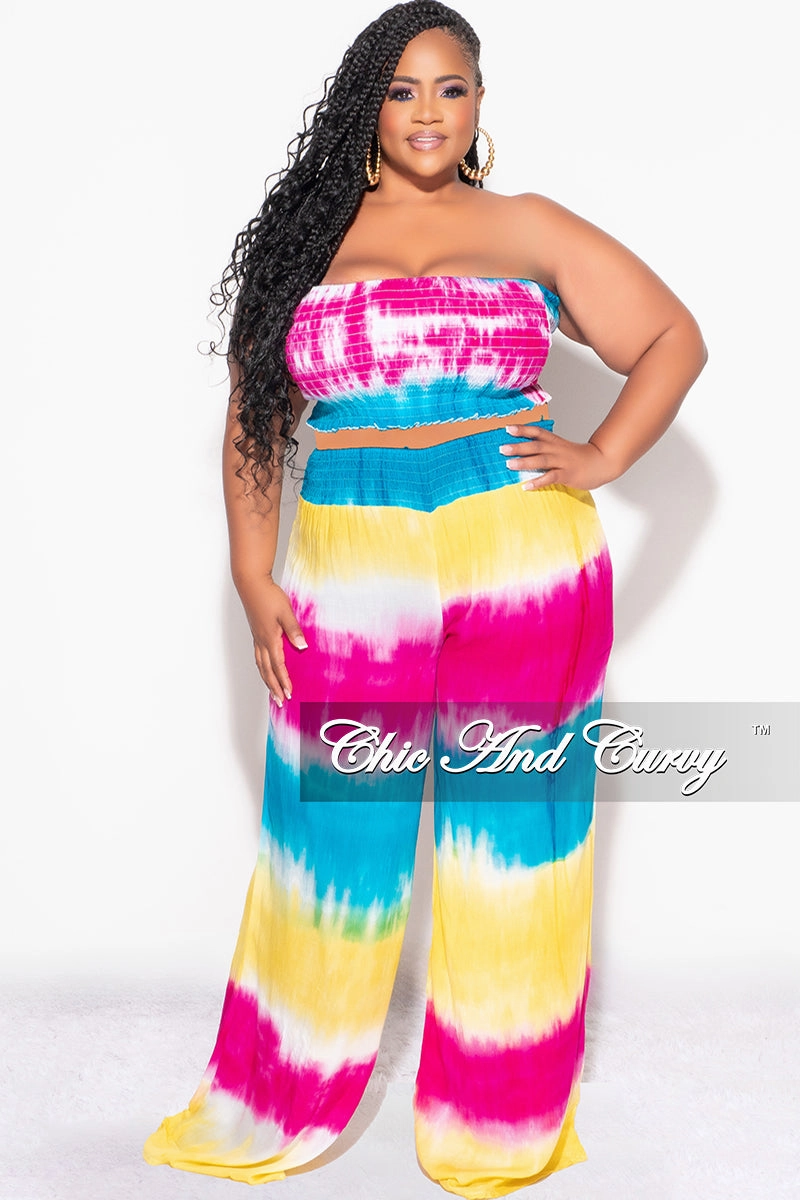 Final Sale Plus Size 2pc Strapless Frill Crop Top and Palazzo Pants Set Multi-Color Tie Dye Print Perfectly Fit Weekend Wear
