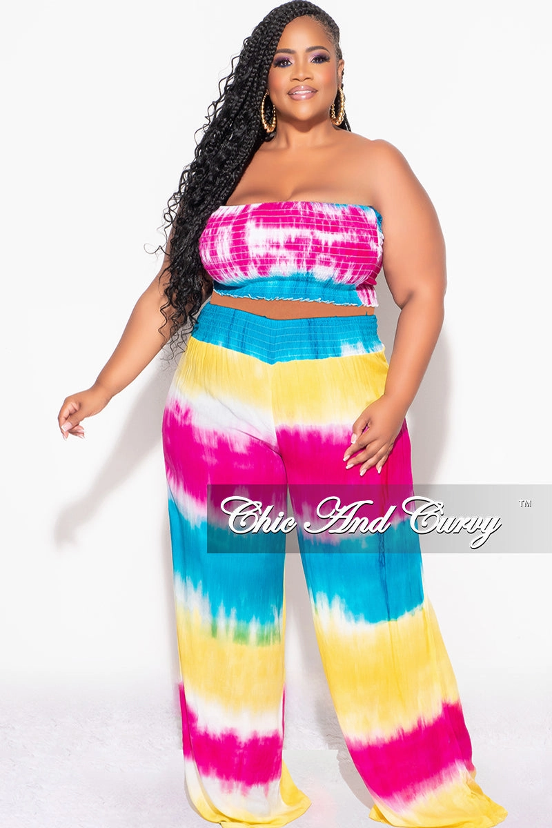 Final Sale Plus Size 2pc Strapless Frill Crop Top and Palazzo Pants Set Multi-Color Tie Dye Print All weather