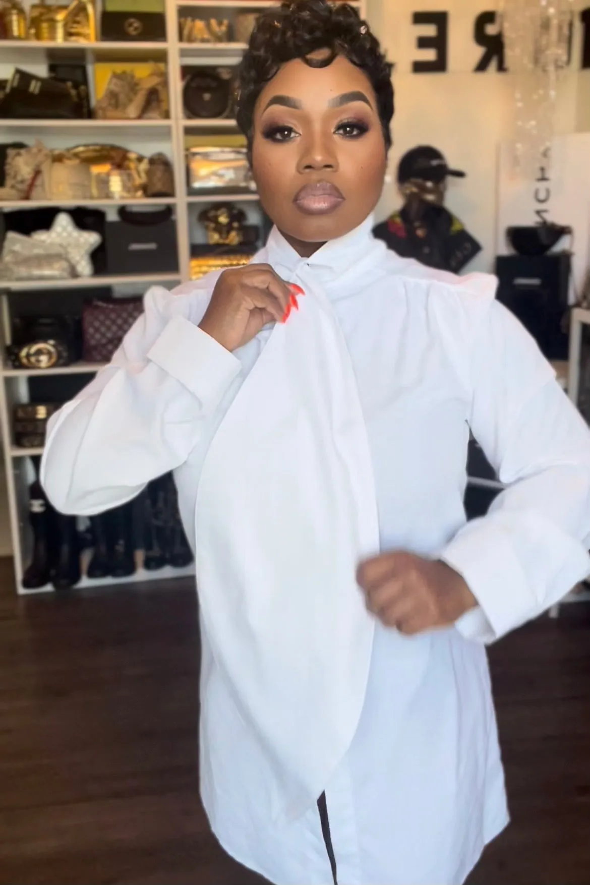 Rashida Button Up Tunic With Neck Tie PREORDER AntiPillingTechnology