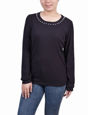 Petite Long Sleeve Ribbed Pearl Trimmed Top Adaptive Fit Technology Ergonomic Cut