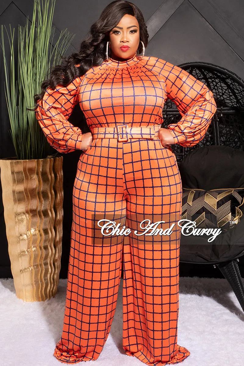 Reinforced Stress Points Final Sale Plus Size Mock Neck Belted Jumpsuit in Orange and Blue Checker Print