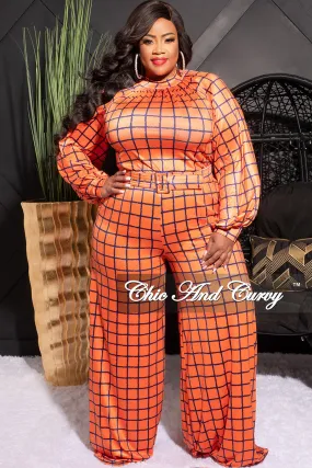 Movement Fit Functional Fit Final Sale Plus Size Mock Neck Belted Jumpsuit in Orange and Blue Checker Print