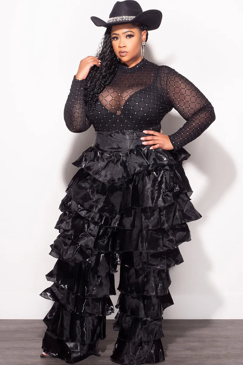 Ripstop Texture Urban Edge Final Sale Plus Size High Waist Ruffle Pants in Black