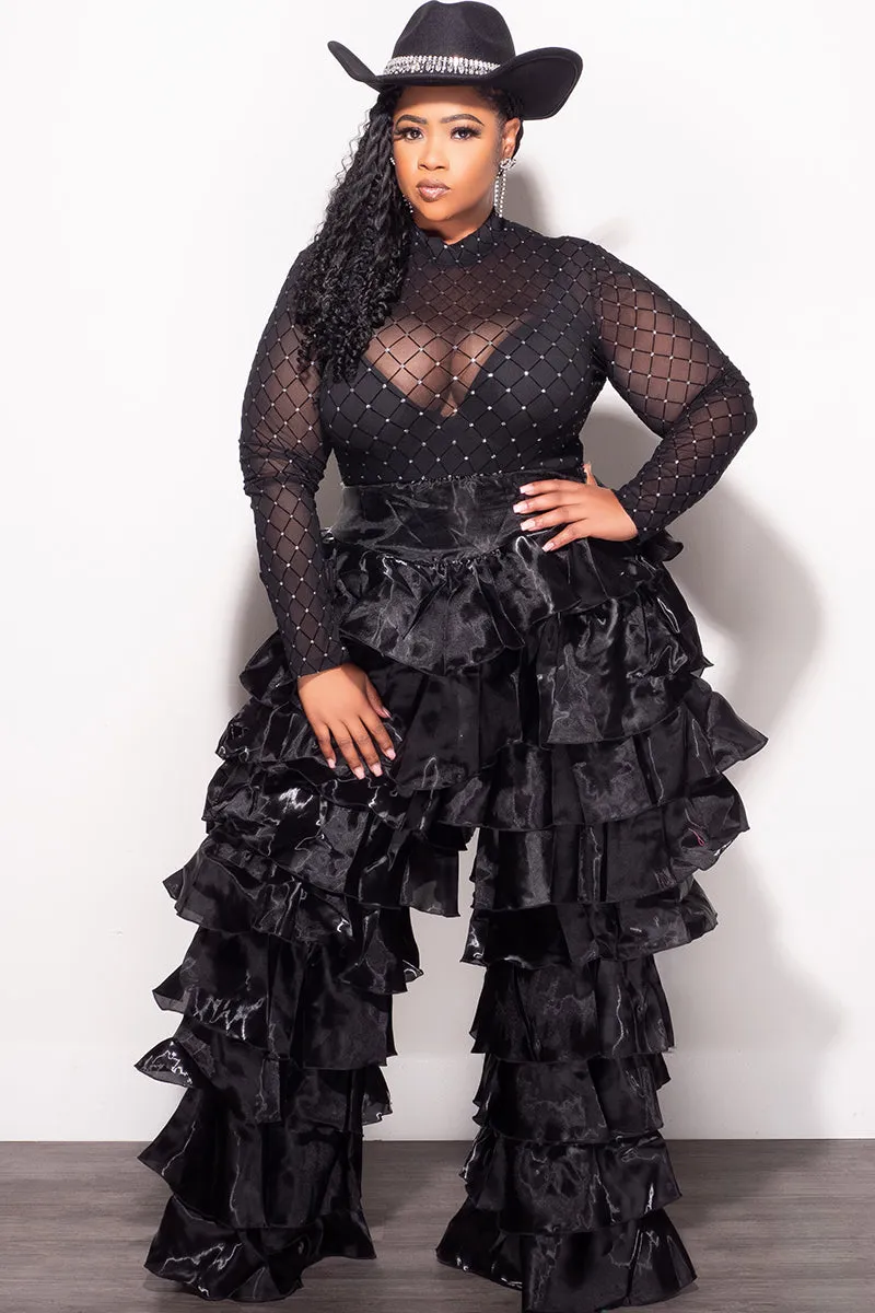 Final Sale Plus Size High Waist Ruffle Pants in Black High Quality Material Full Flex
