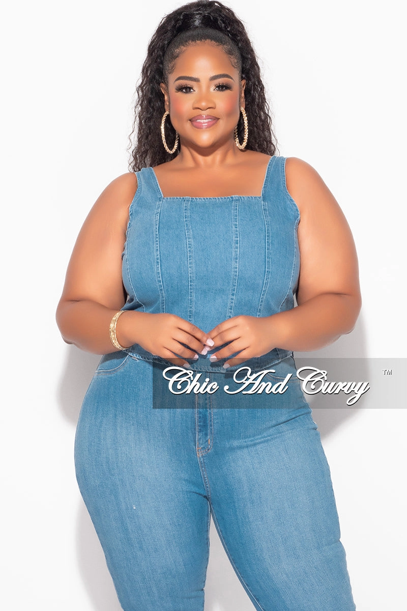 Minimal Edge Final Sale Plus Size Sleeveless Crop Top with Shirred Back in Denim