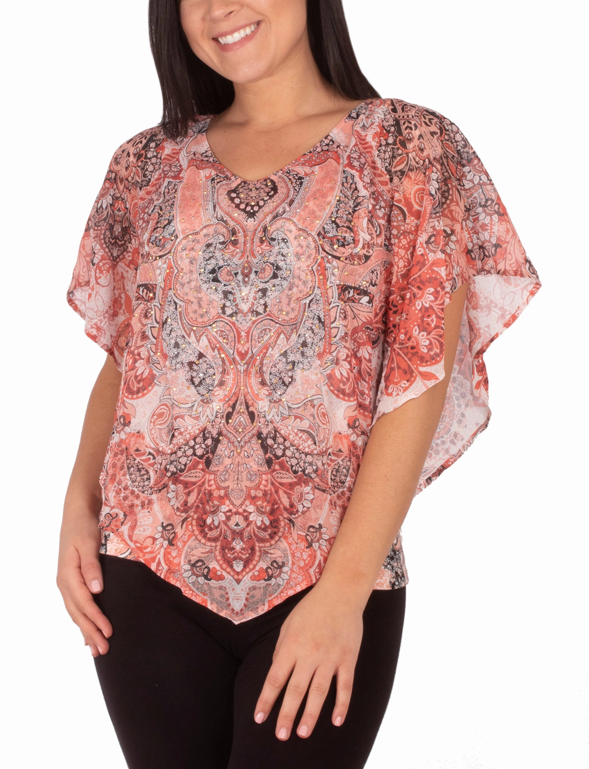 Petite V-Neck Printed Poncho With Nailheads AntiOdor Flexible Cuffs