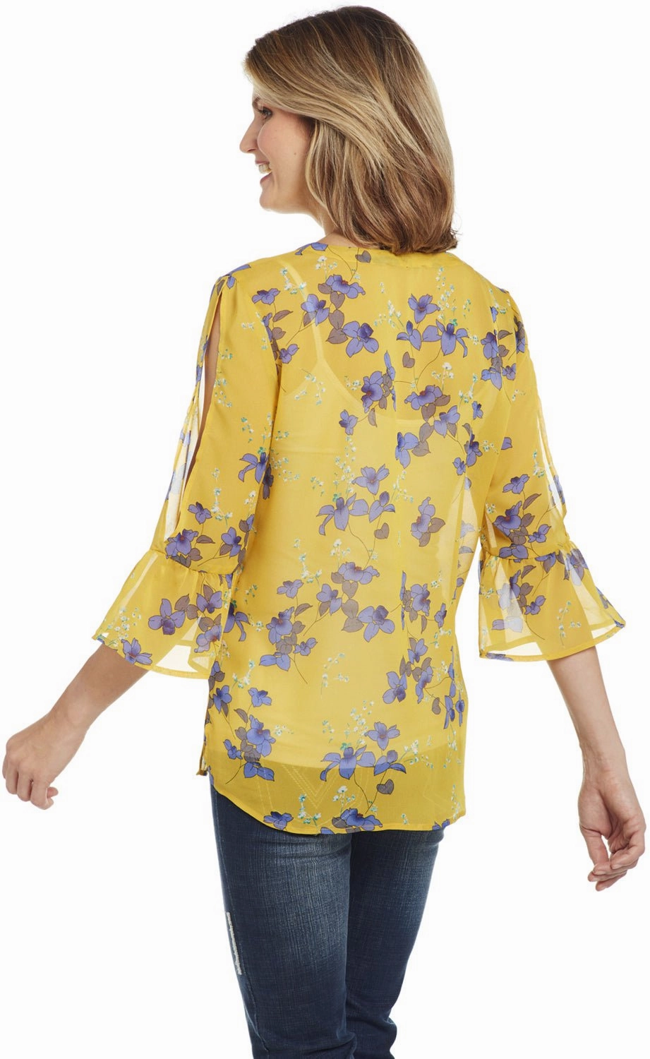 Cowgirl Up Womens Yellow Floral Polyester Bell Sleeve Tunic S/S Earthy Hue