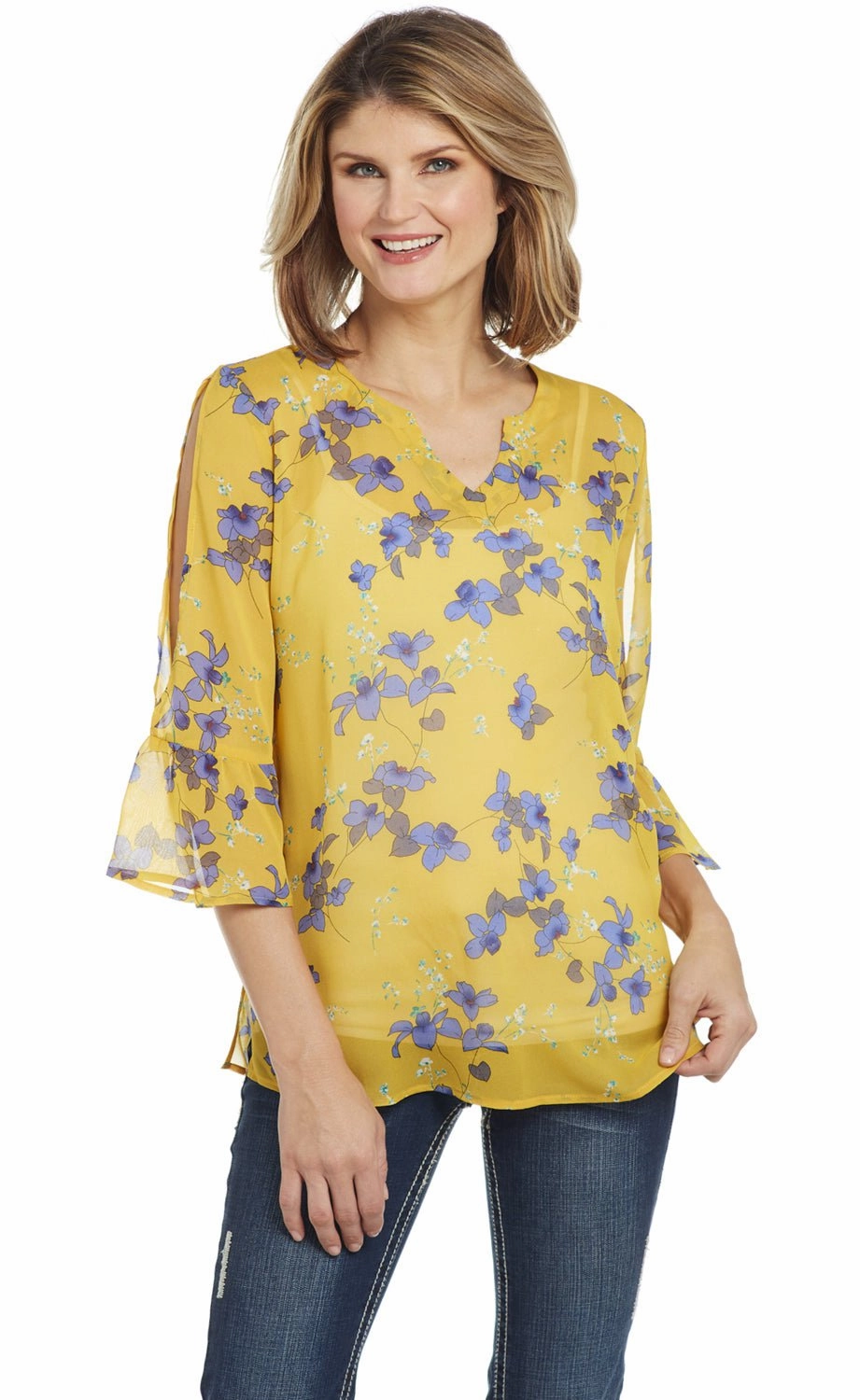 slim cut Cowgirl Up Womens Yellow Floral Polyester Bell Sleeve Tunic S/S