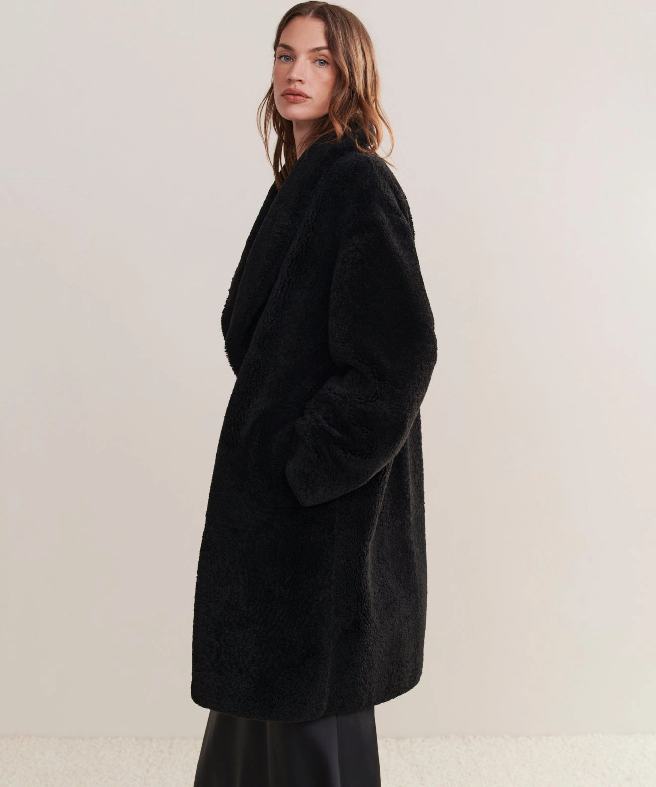 Asymmetric Hemline Oversized style Long Shearling Yves Shawl Coat