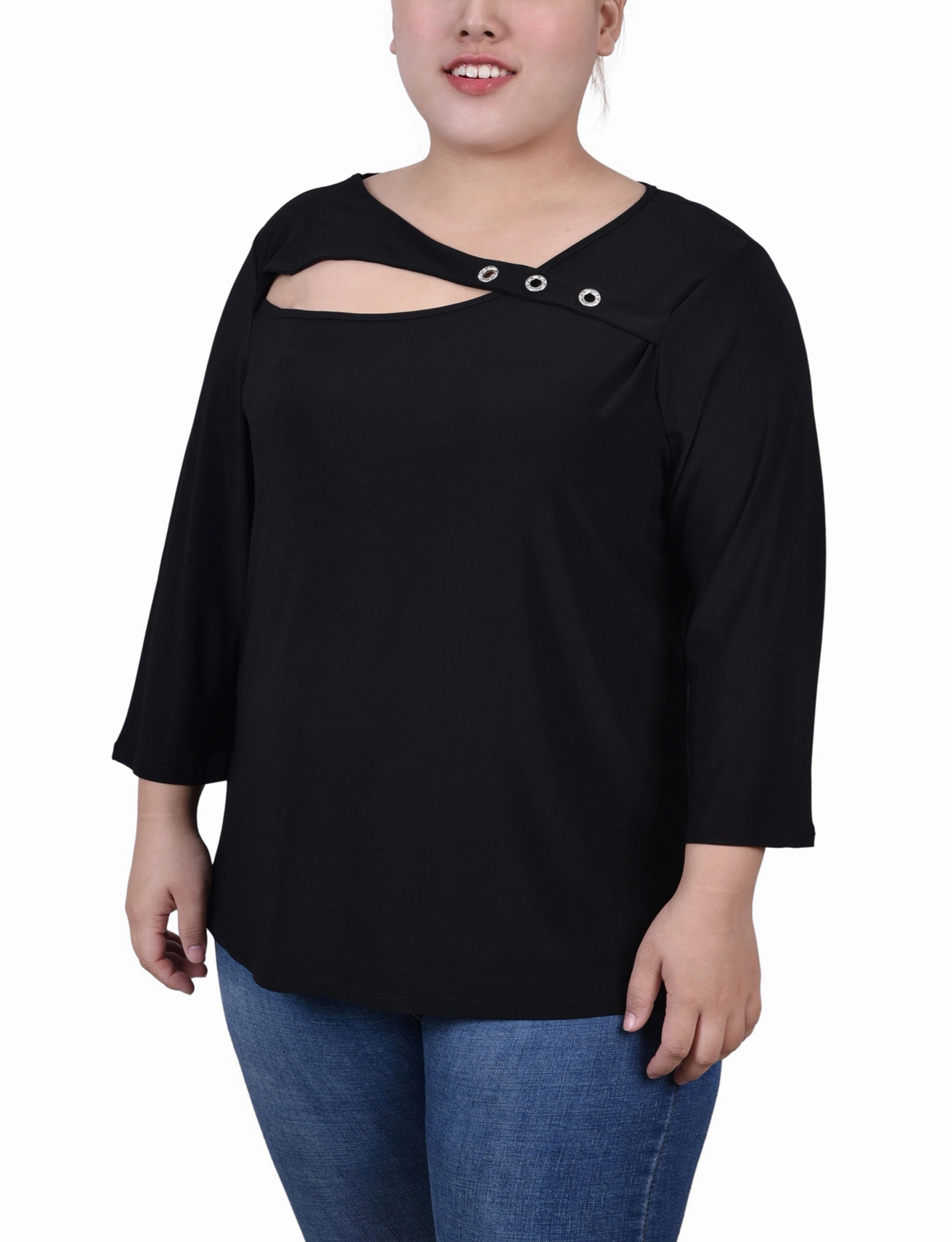Plus Size 3/4 Sleeve Cutout Top Sheer Overlay Material