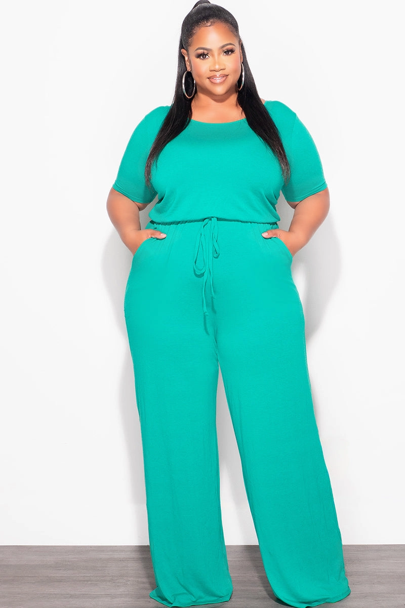 Final Sale Plus Size Short Sleeve Jumpsuit in Kelly Green Supportive Fit ReflectiveAccentDetails