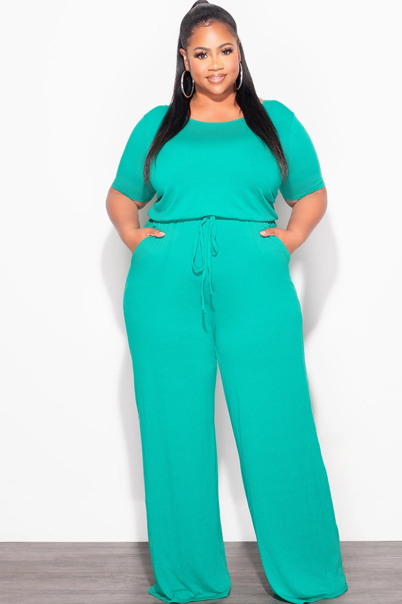 Rest Easy Final Sale Plus Size Short Sleeve Jumpsuit in Kelly Green