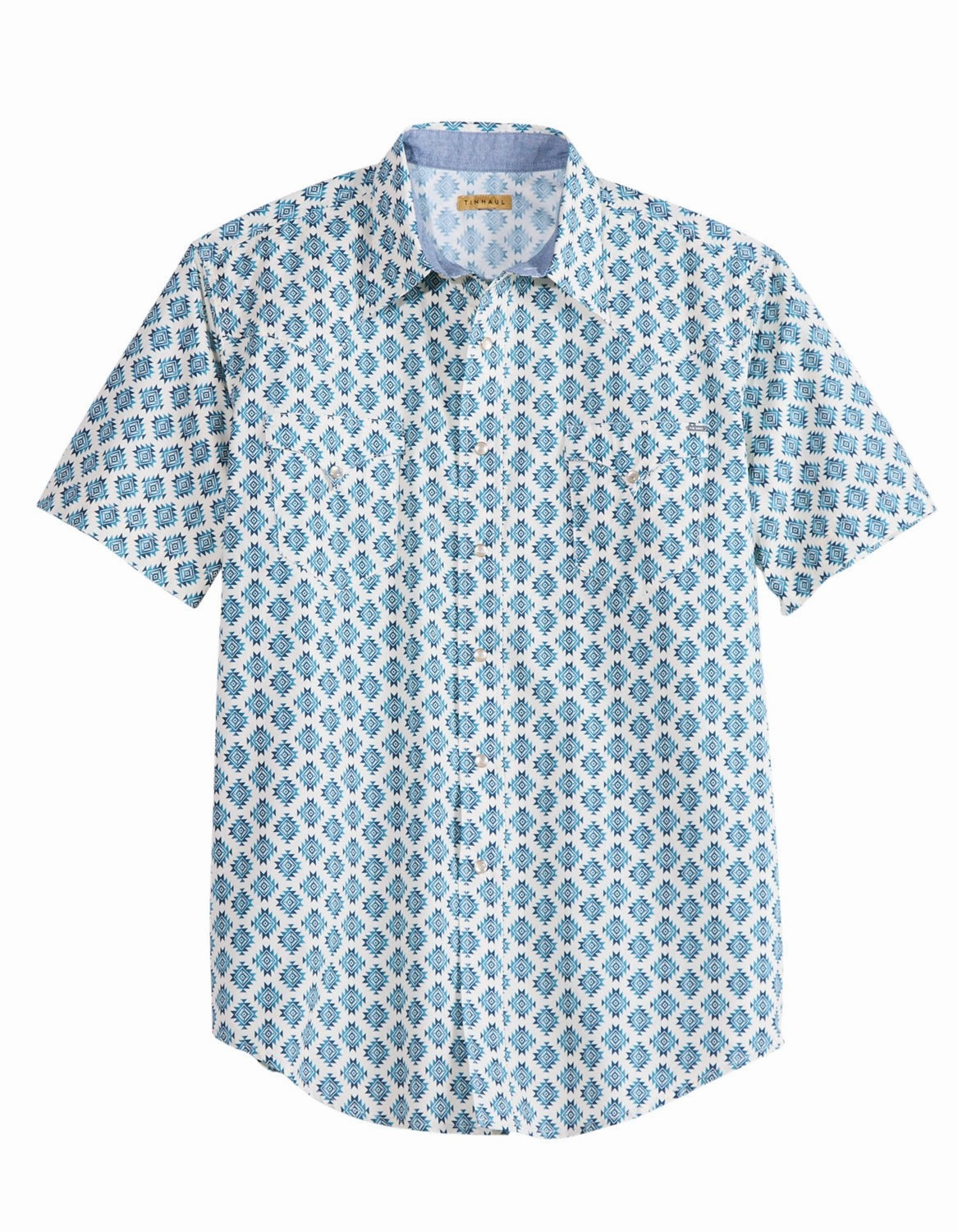 Breathable Material Errand Ready Tin Haul Mens Ombre Aztec Tiles Blue/White 100% Cotton S/S Shirt