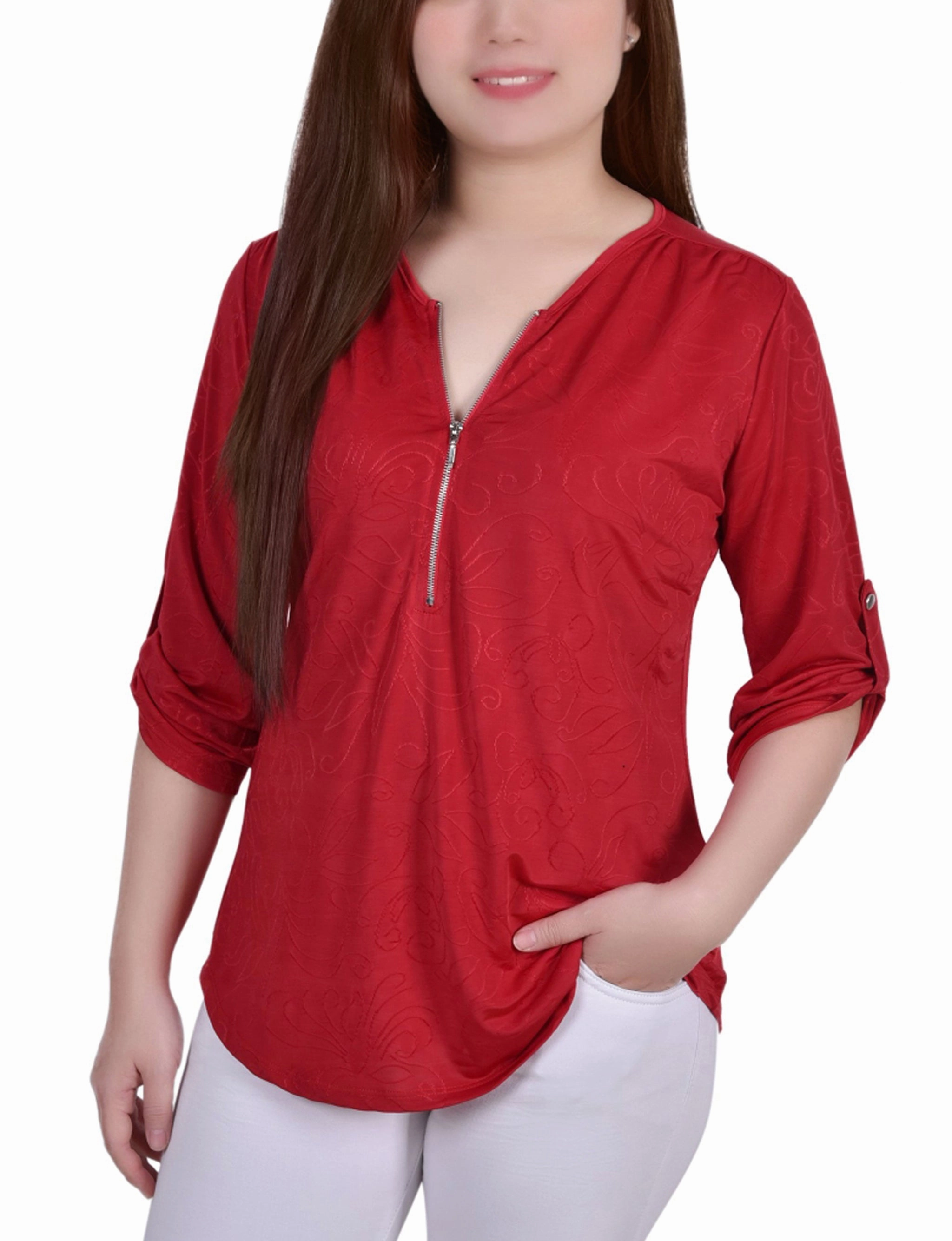 Petite 3/4 Roll Tab Zip Front Jacquard Knit Top Four Way Stretch Fabric NonScratchSurface